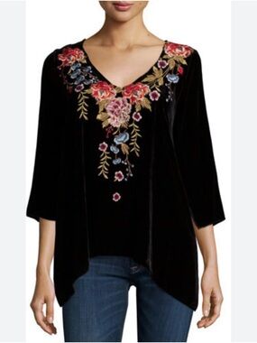 Johnny Was Velvet Embroidered Tunic XS Silk Blend Boho Floral